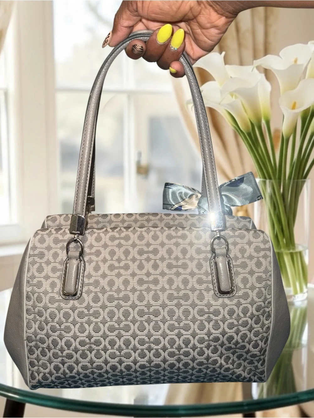 Coach Madison Needlepoint Op Art Madeline East/West Satchel Gray 2 hang tags